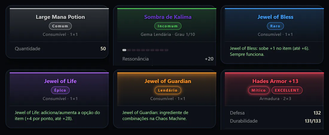 Fichas reais de seis itens, um de cada degrau de valor, de Comum a Mítico