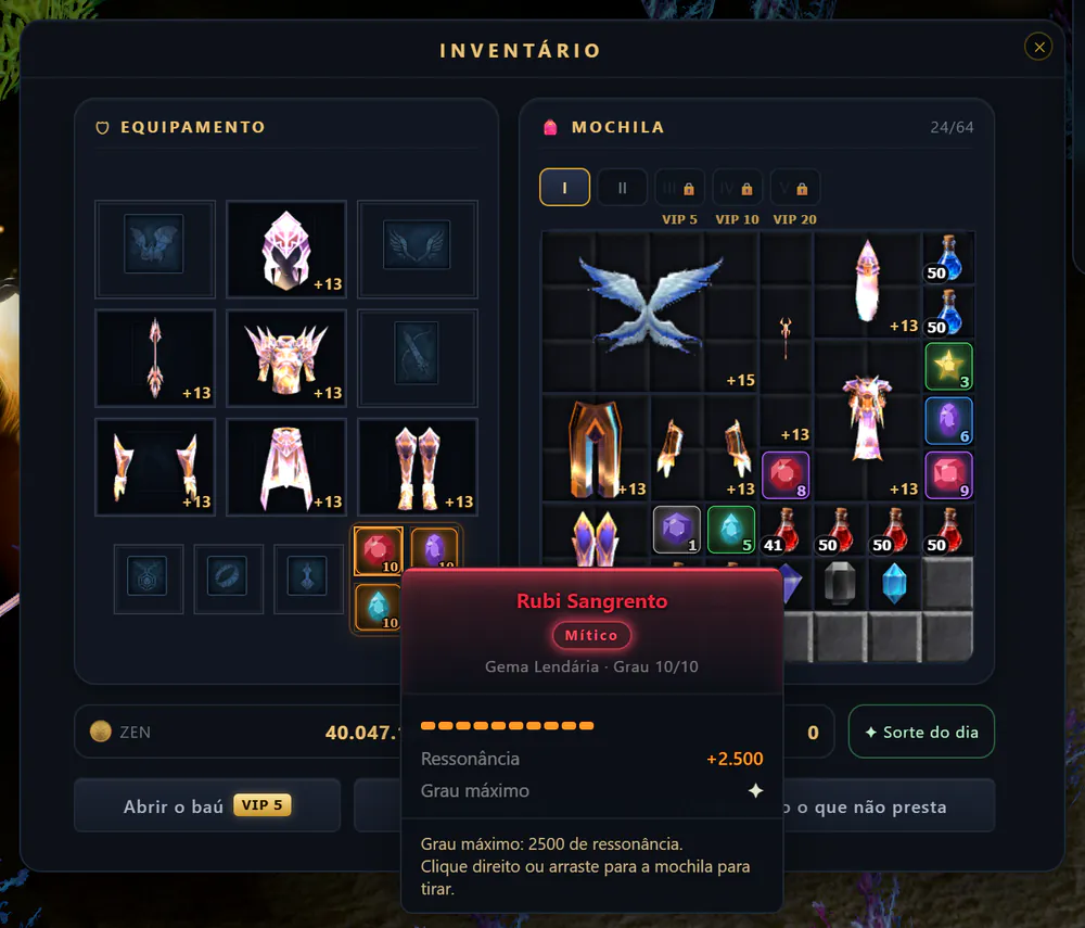 Mochila com as quatro Gemas Lendárias de grau 10 encaixadas ao lado do anel e o tooltip de uma gema de grau 10, degrau Mítico