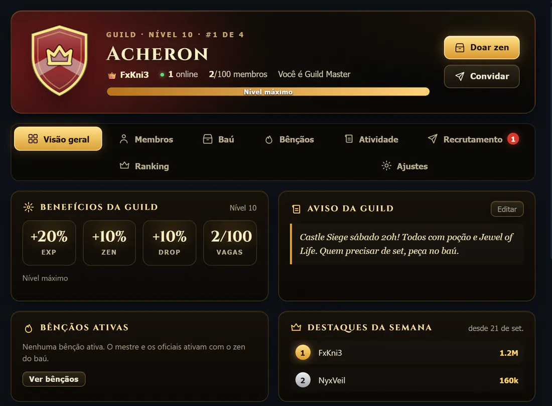 Página da guild Acheron, nível 10, com benefícios de +20% EXP, +10% zen e +10% drop